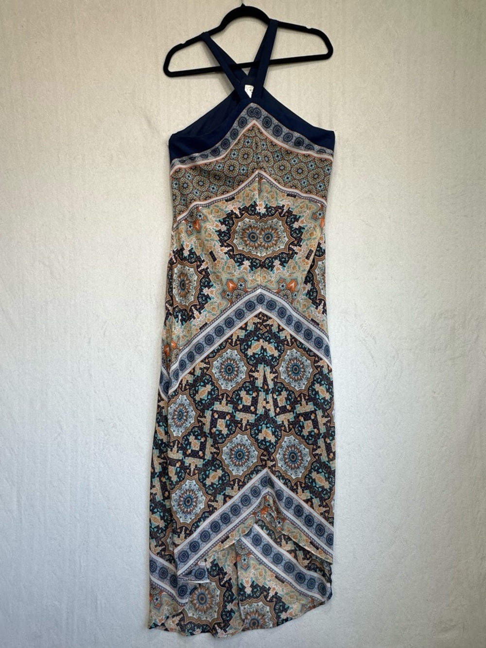 Emma & Michele Navy and Cream Boho Halter Maxi Dress Sz 12 Handkerchief - Picture 3 of 14
